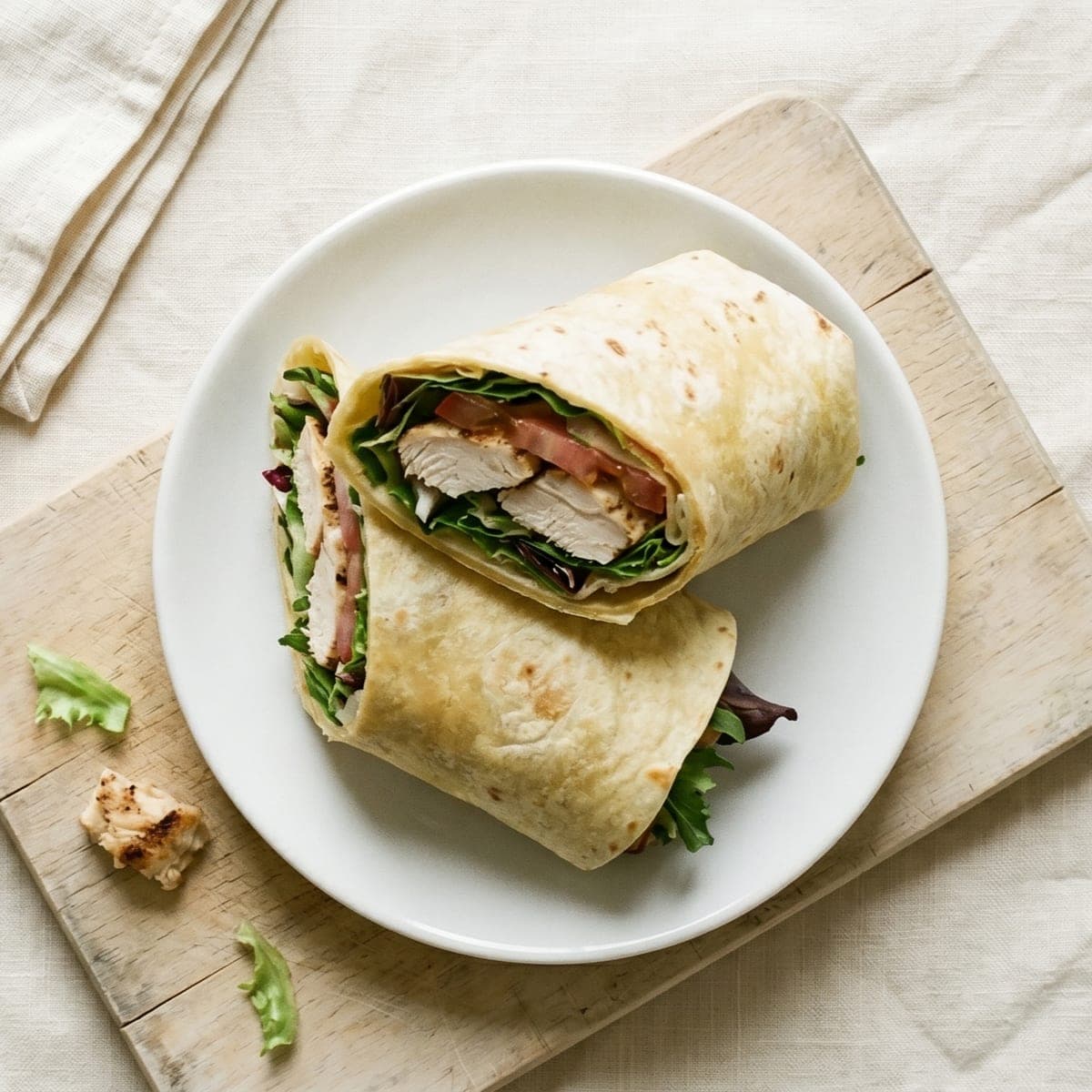 Chicken wrap with greens, served on a white plate